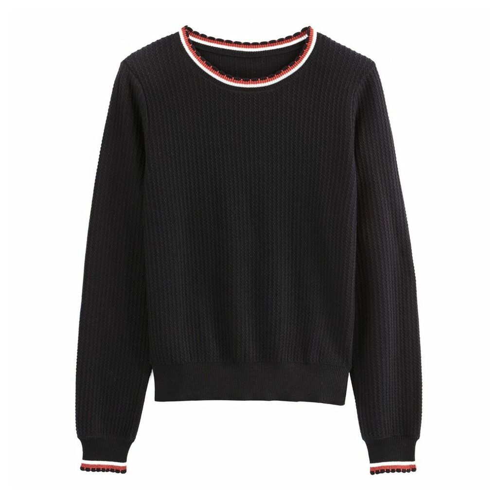 Sporty Crew Neck Jumper in Fine Knit Ribbed Cotton