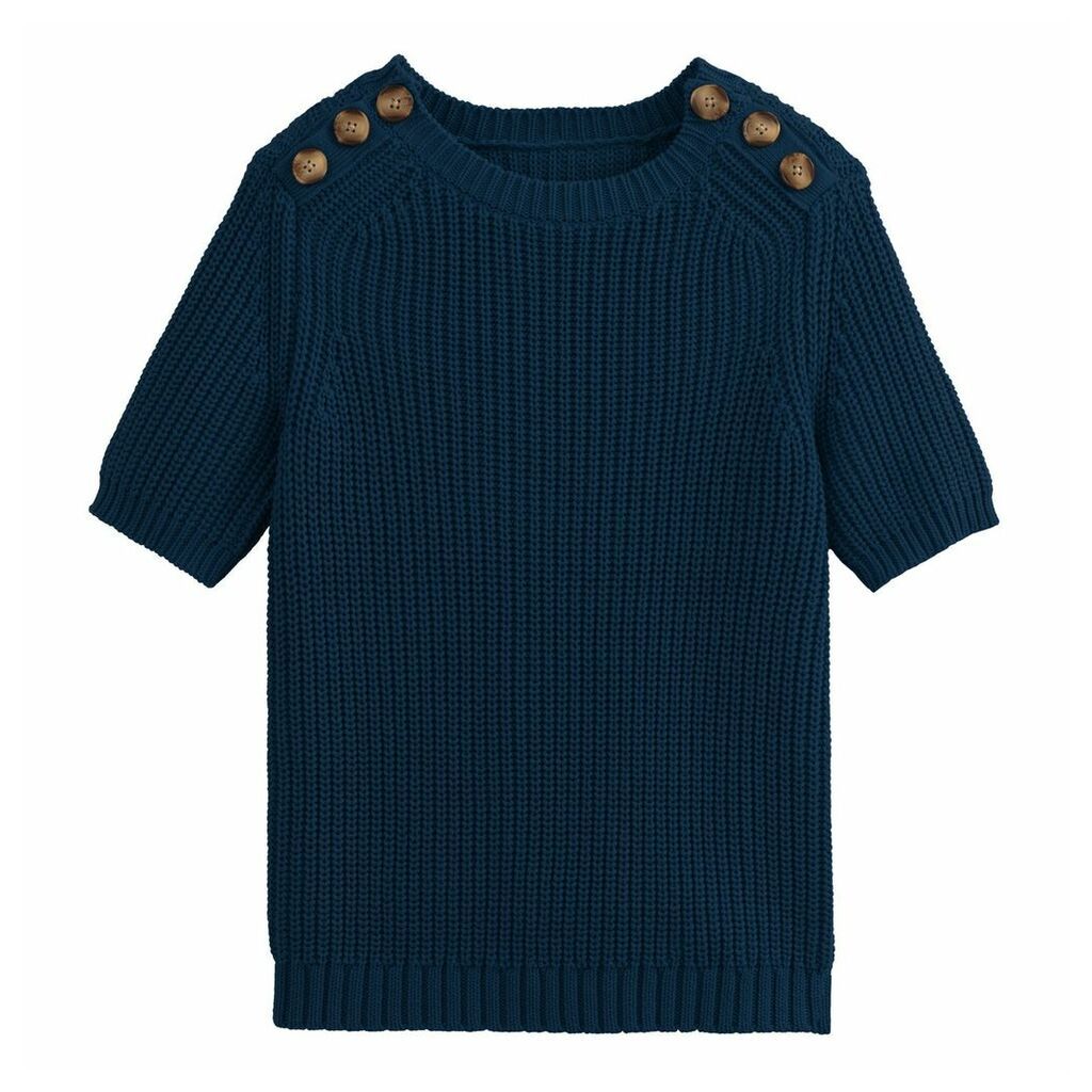 Chunky Knit Ribbed Cotton Jumper with Short Buttoned Sleeves