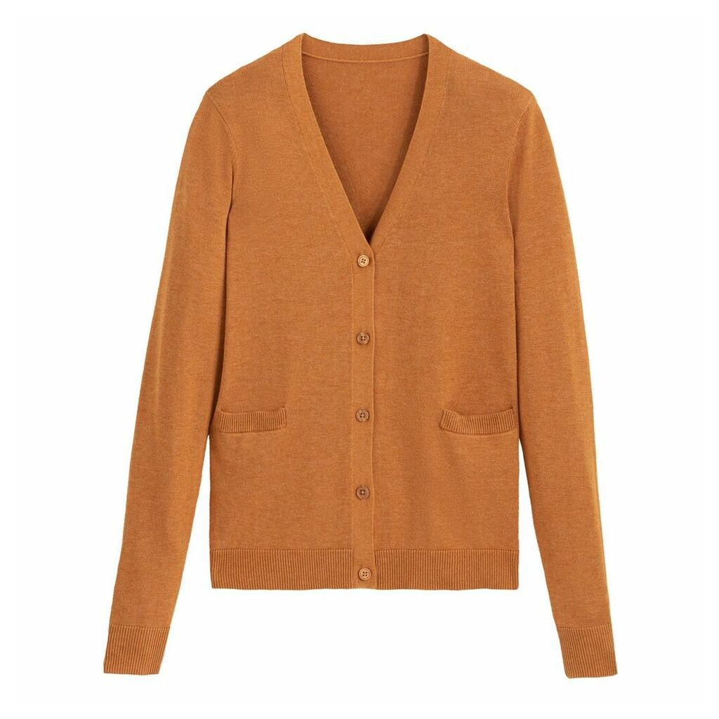 Cotton Mix Buttoned Cardigan with V-Neck and Pockets