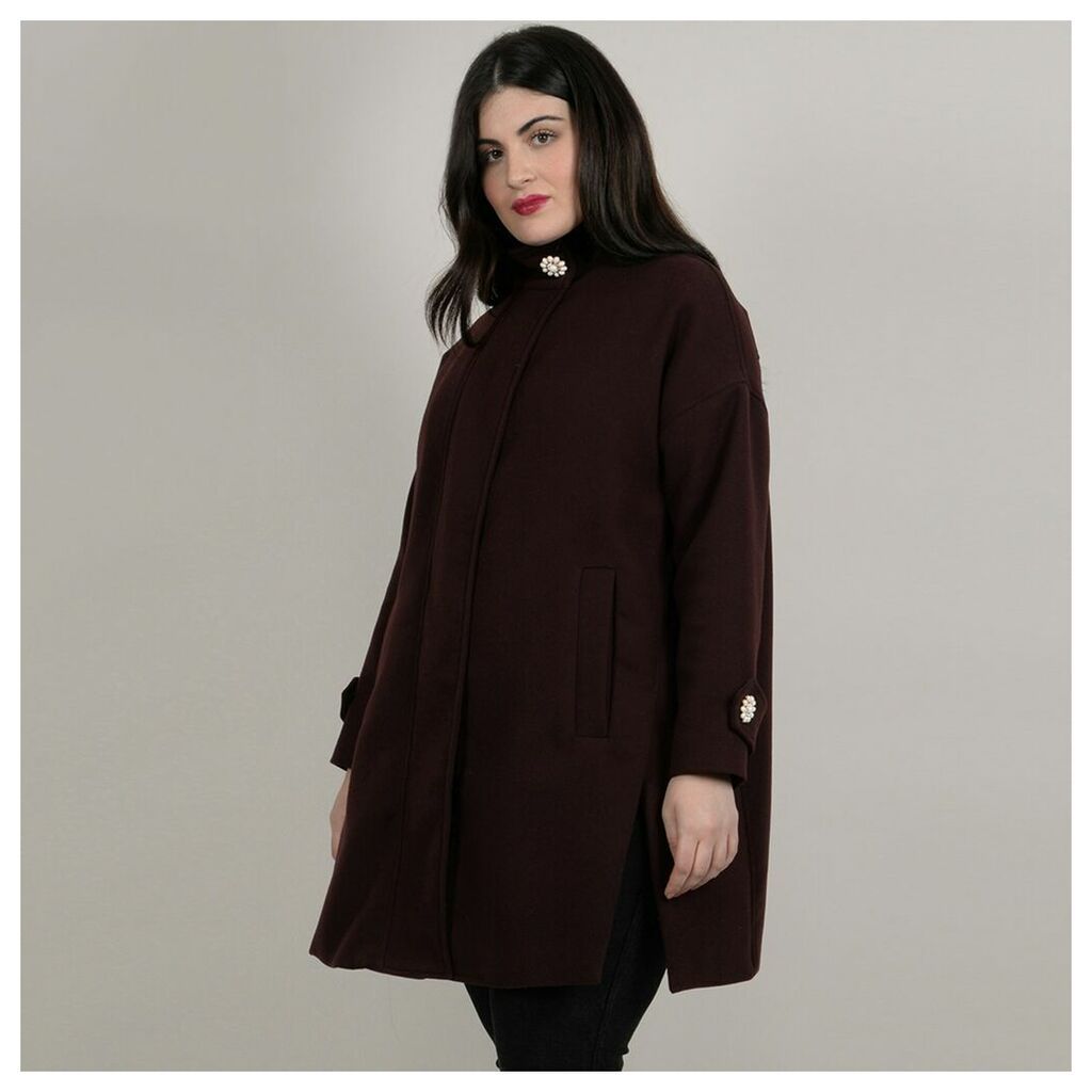 Long Zip-Up Coat with Embellished Stand-Up Collar
