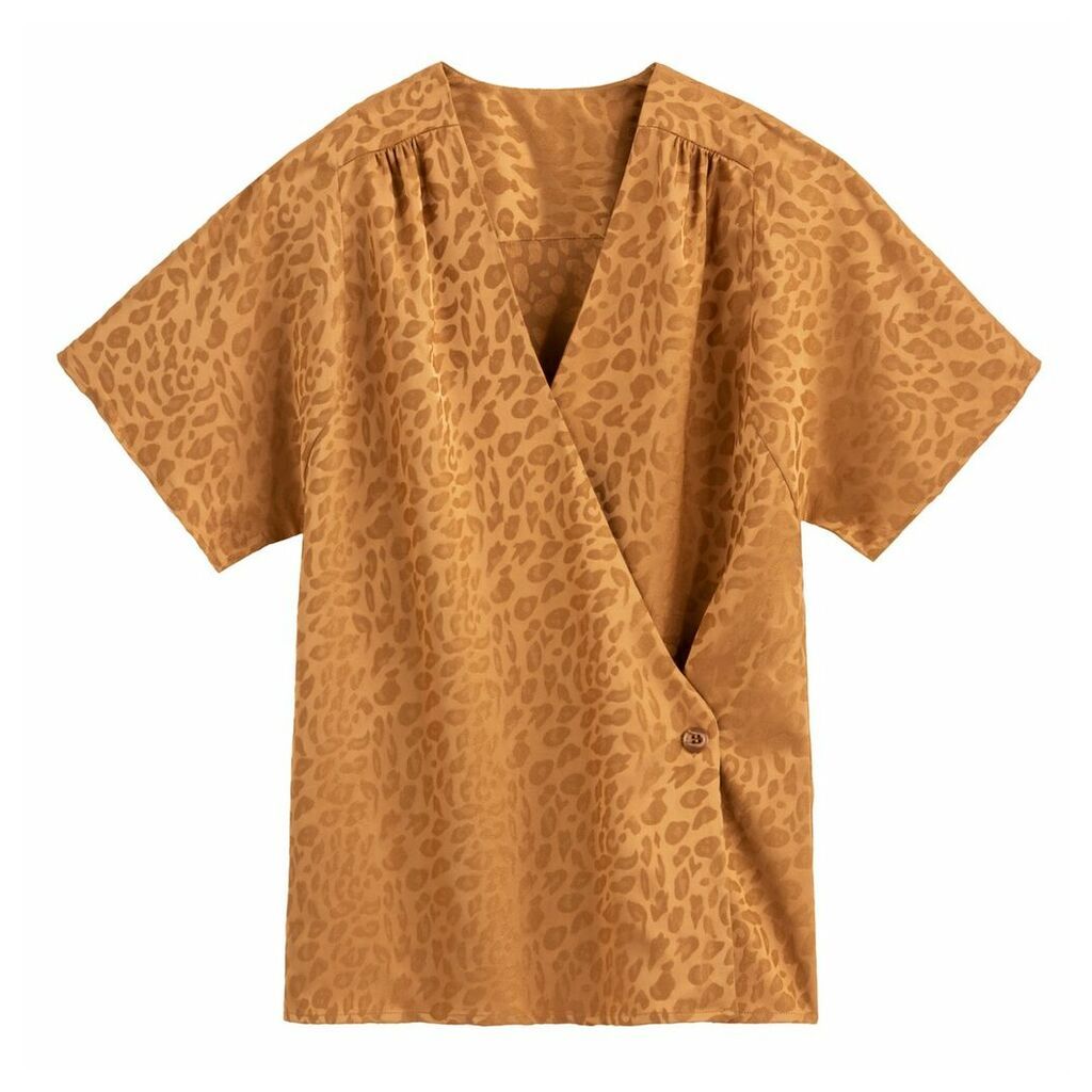 Jacquard Leopard Print Blouse with Wrapover and Short Sleeves