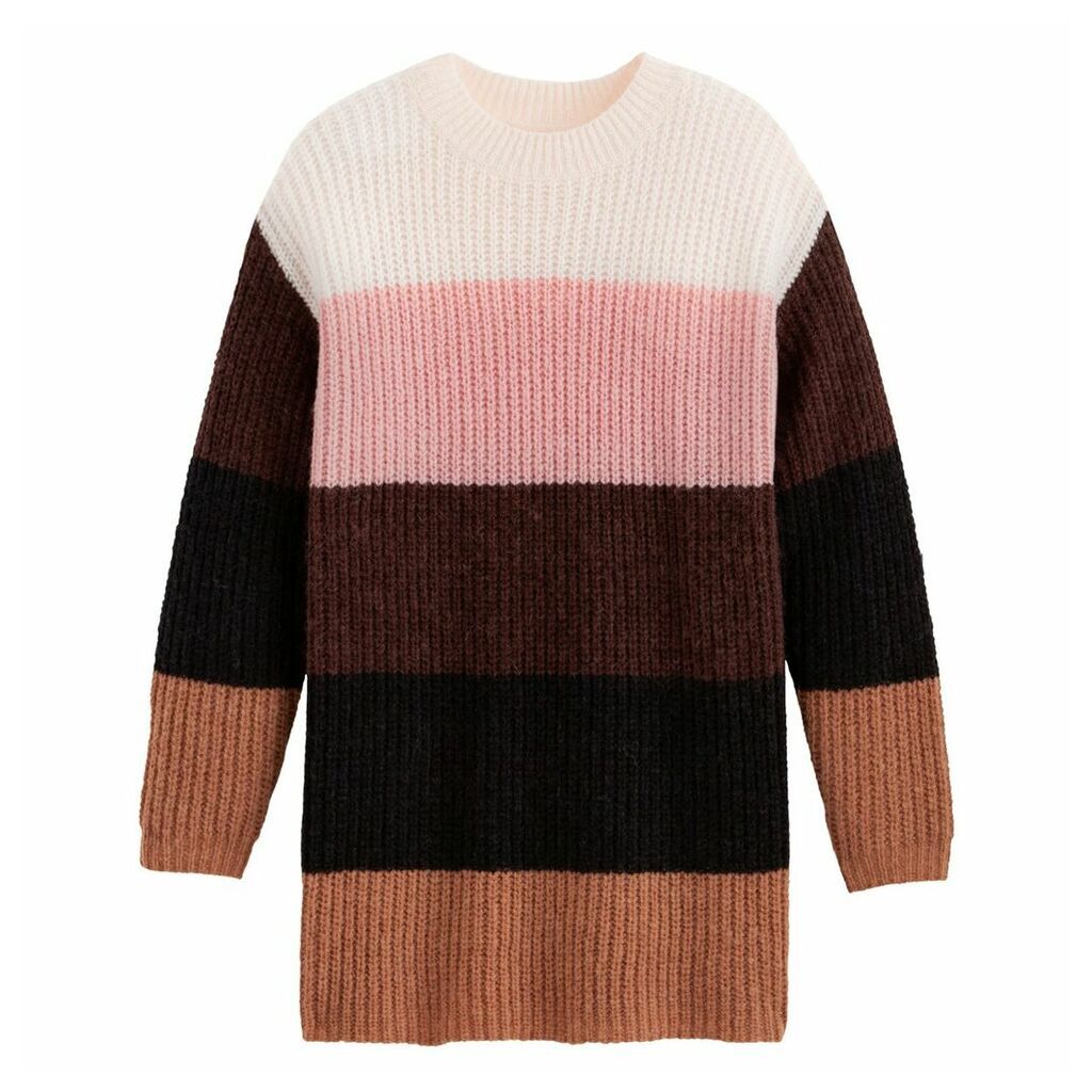 Long Striped Colour Block Jumper with Round Neck
