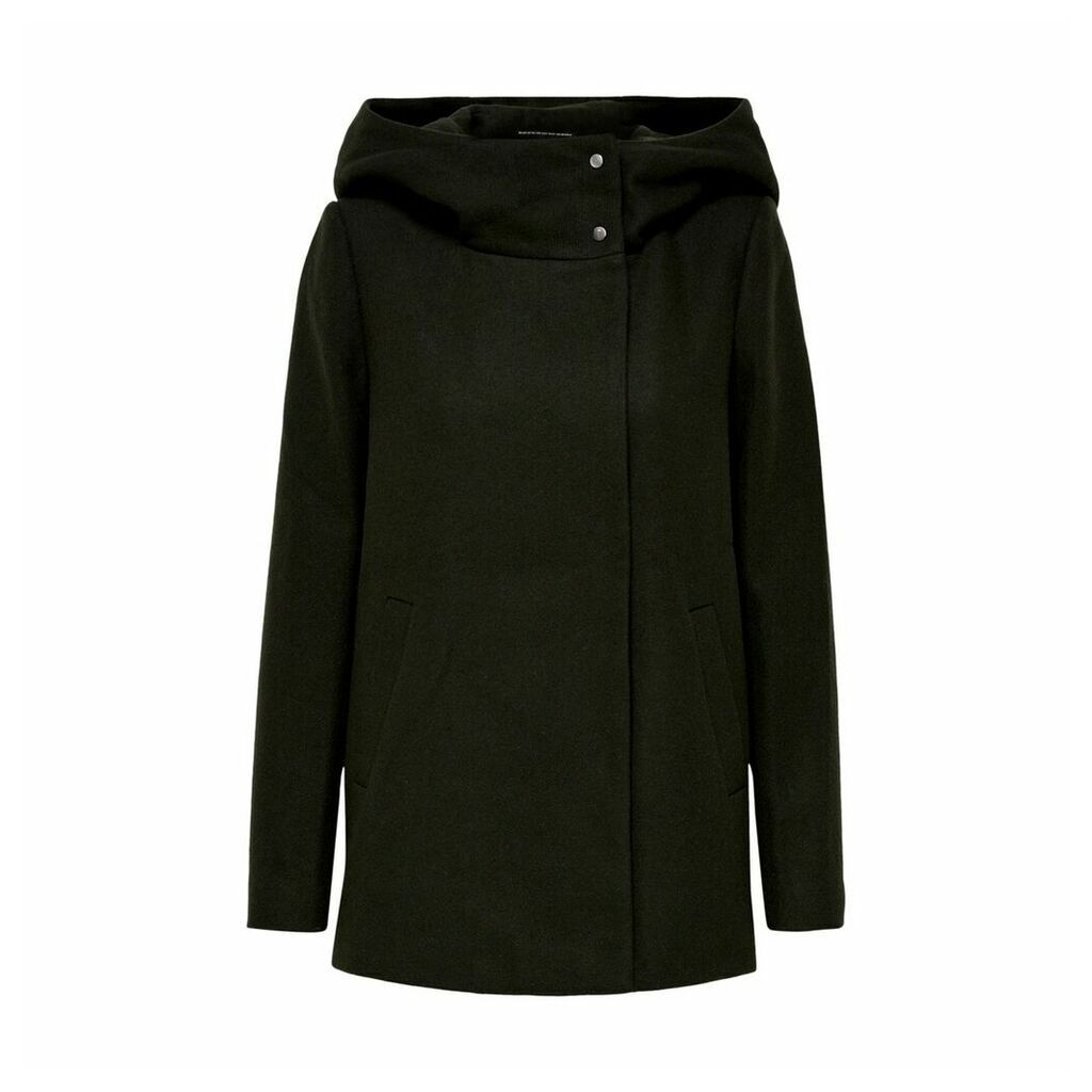 Mid-Length Hooded Coat with High Neck and Pockets