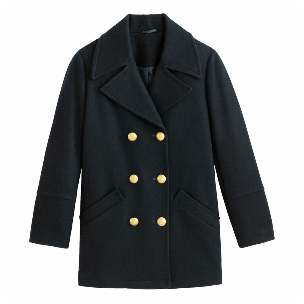 Wool Mix Pea Coat with Pockets and Double-Breasted Buttons