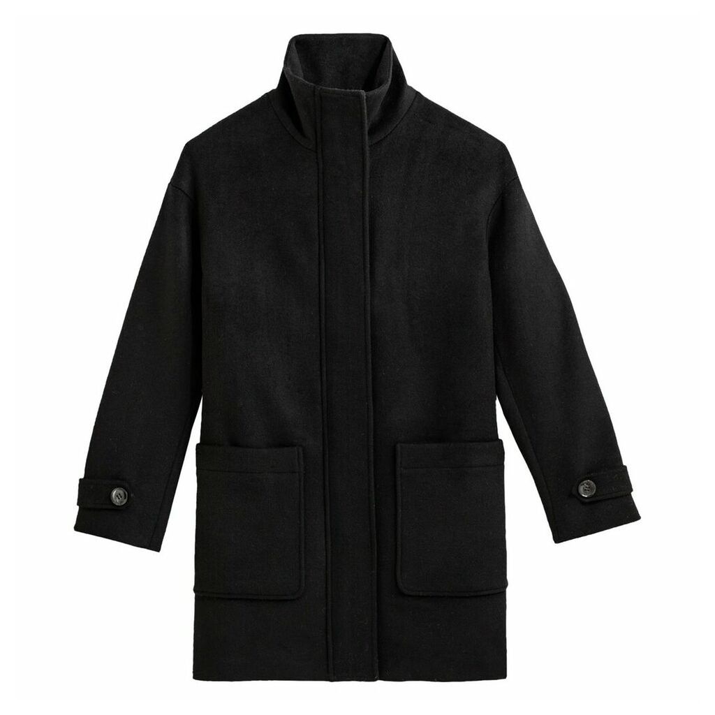 Mid-Length Military Coat with High-Neck and Pockets
