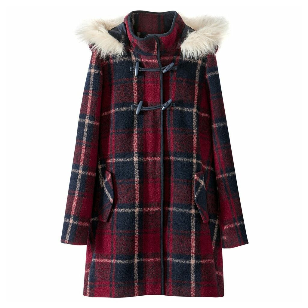 Checked Duffle Coat with Faux Fur Hood