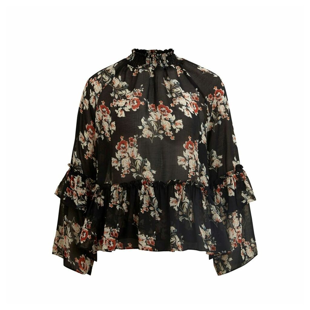 High Neck Floral Print Blouse with Ruffles