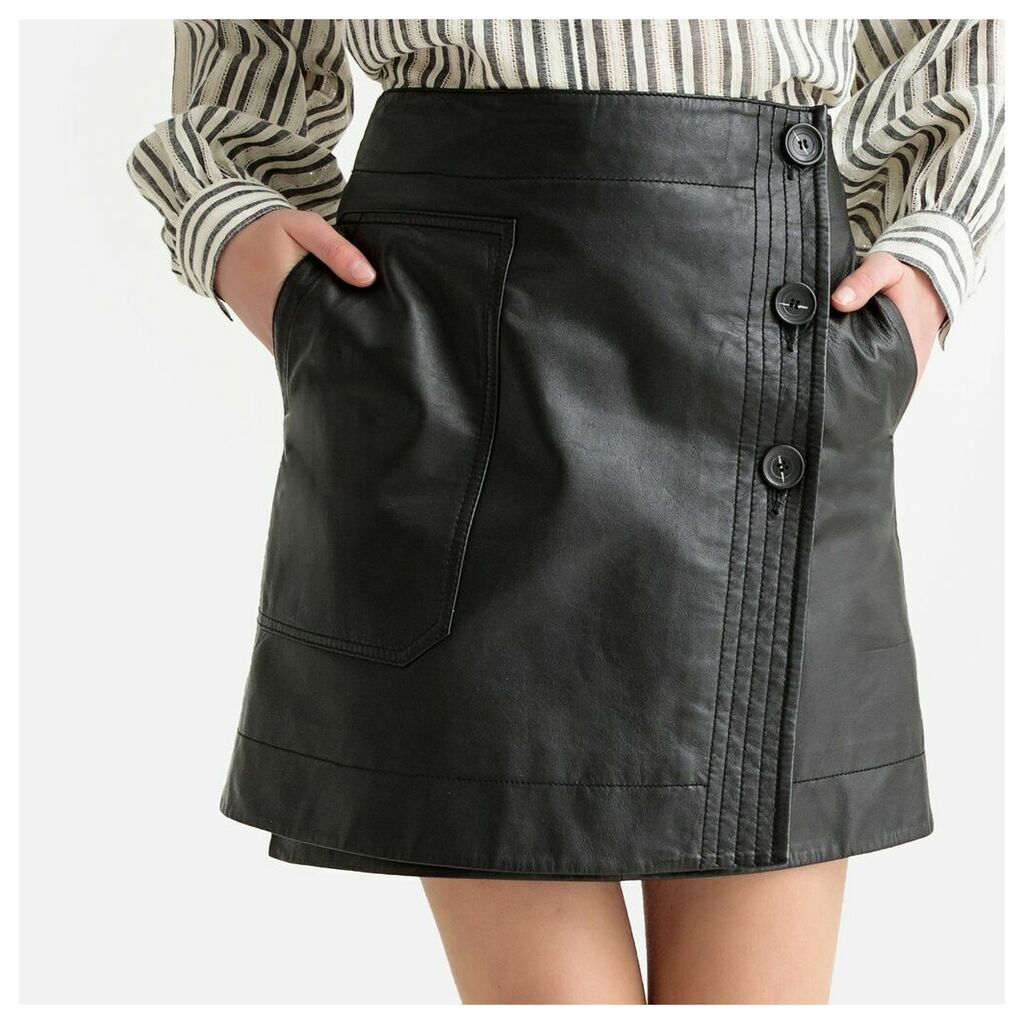 Leather Buttoned Wrapover Skirt