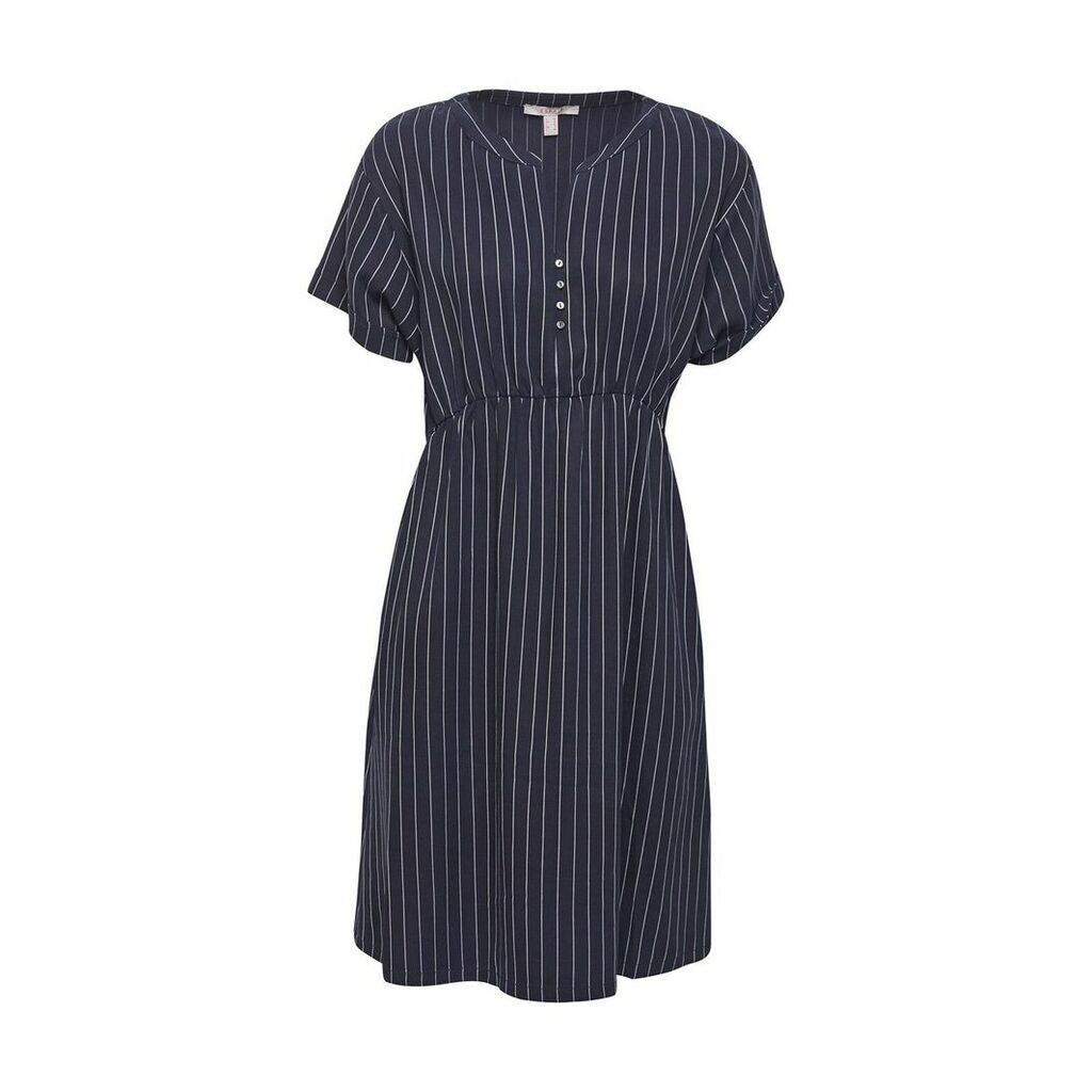 Vertical Striped Flared Dress with Short Sleeves