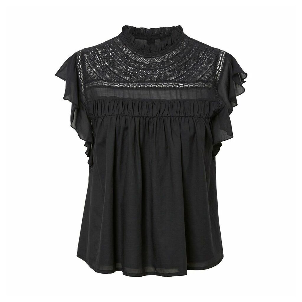Guipure Lace Mock Neck Blouse with Short Ruffled Sleeves