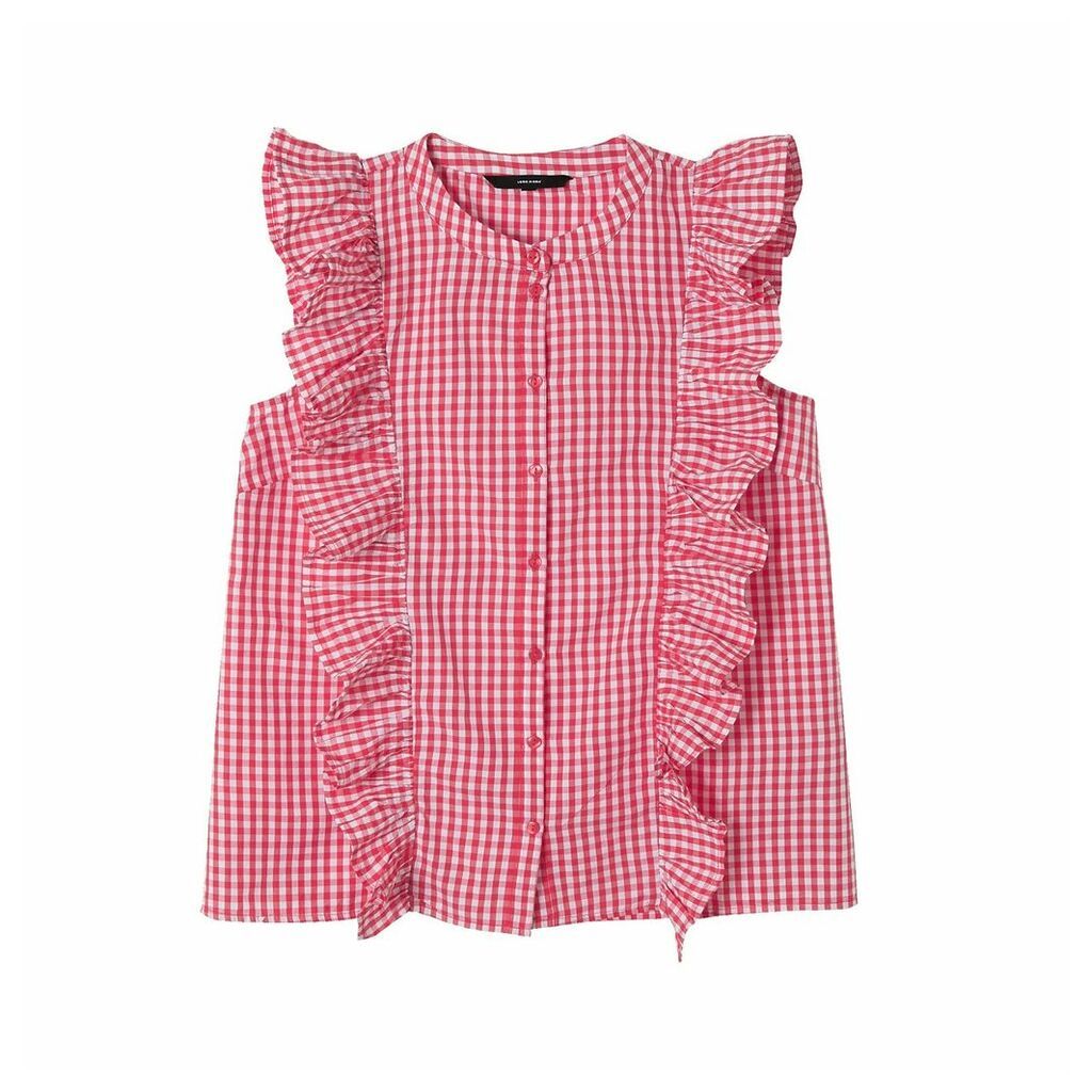 Gingham Check Blouse with Ruffles