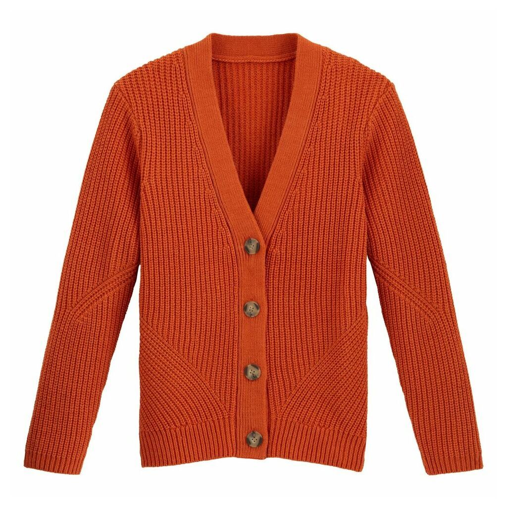 Chunky Knit Ribbed Cardigan with V-Neck and Faux Tortoiseshell Buttons
