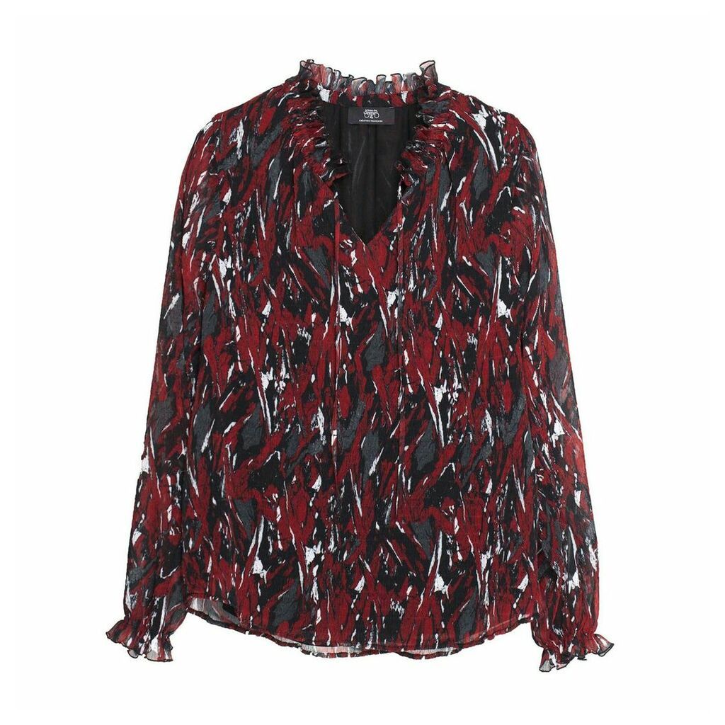 Long-Sleeved High Neck Printed Blouse