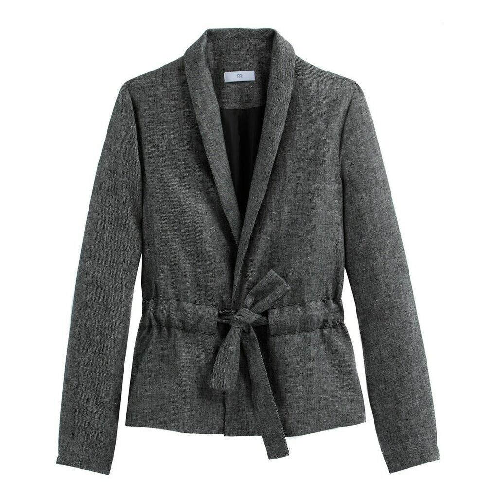 Linen Mix Single-Breasted Fitted Blazer with Tie-Waist