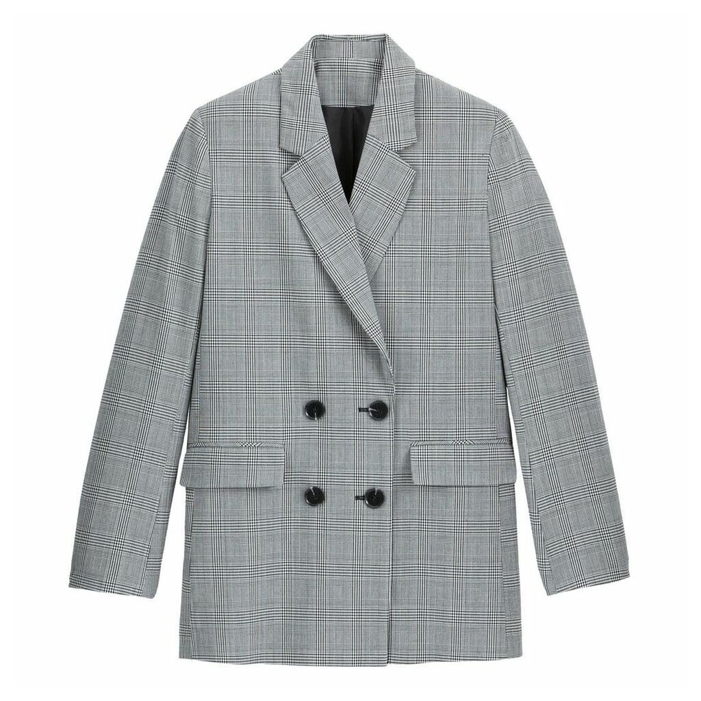 Longline Straight Double-Breasted Blazer in Prince of Wales Check