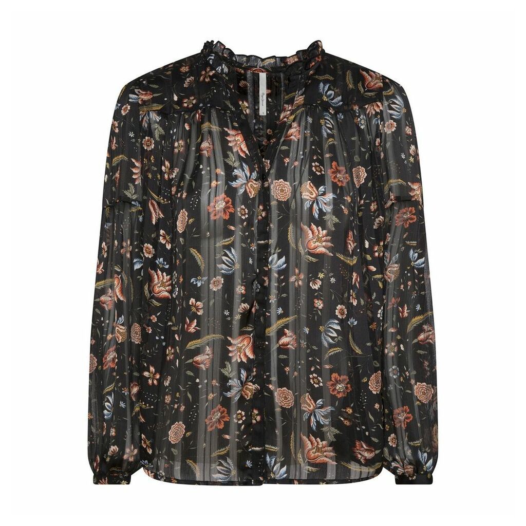 Ruffled Floral Print Blouse with Long Sleeves
