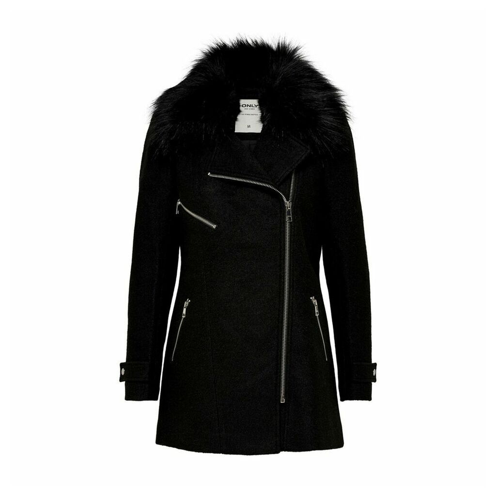Asymmetric Zip Coat with Faux Fur Collar Hood and Pockets