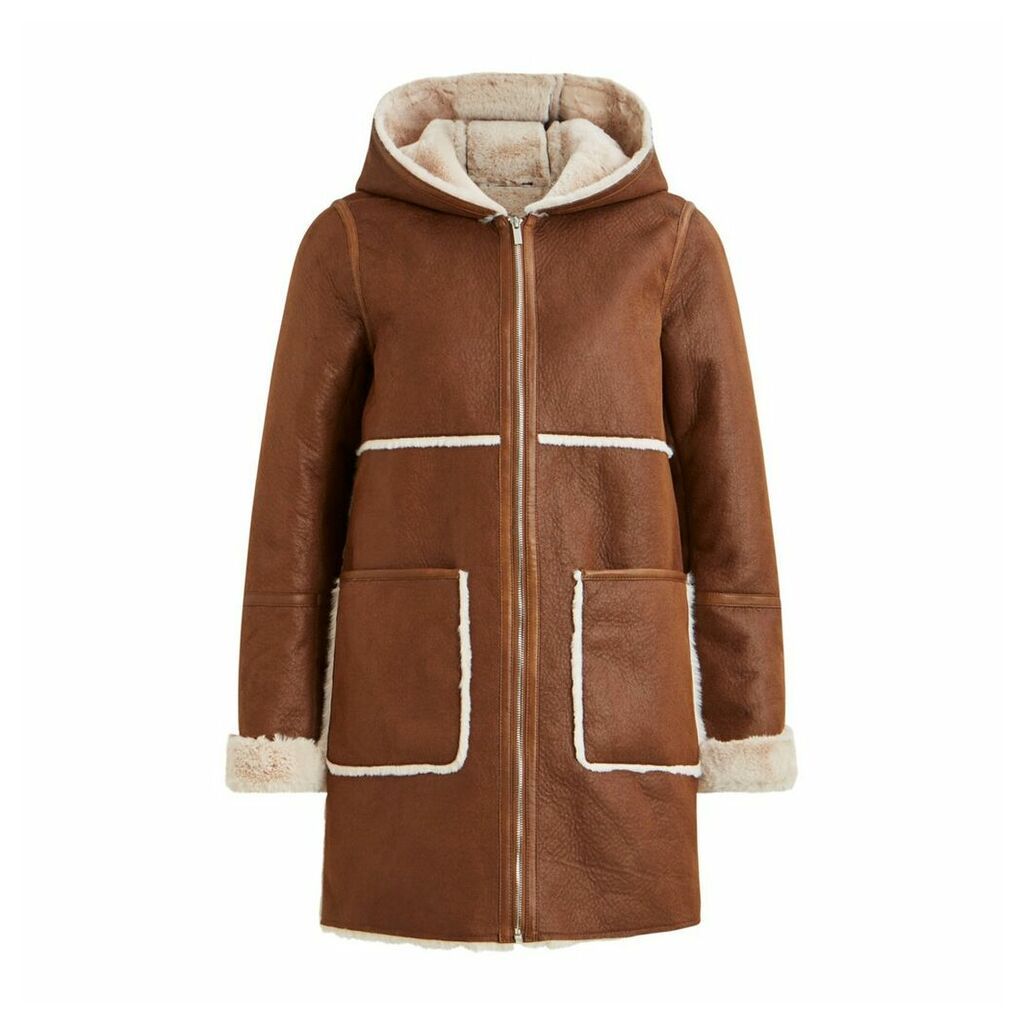 Faux Leather Hooded Jacket with Faux Sheepskin Lining and Pockets