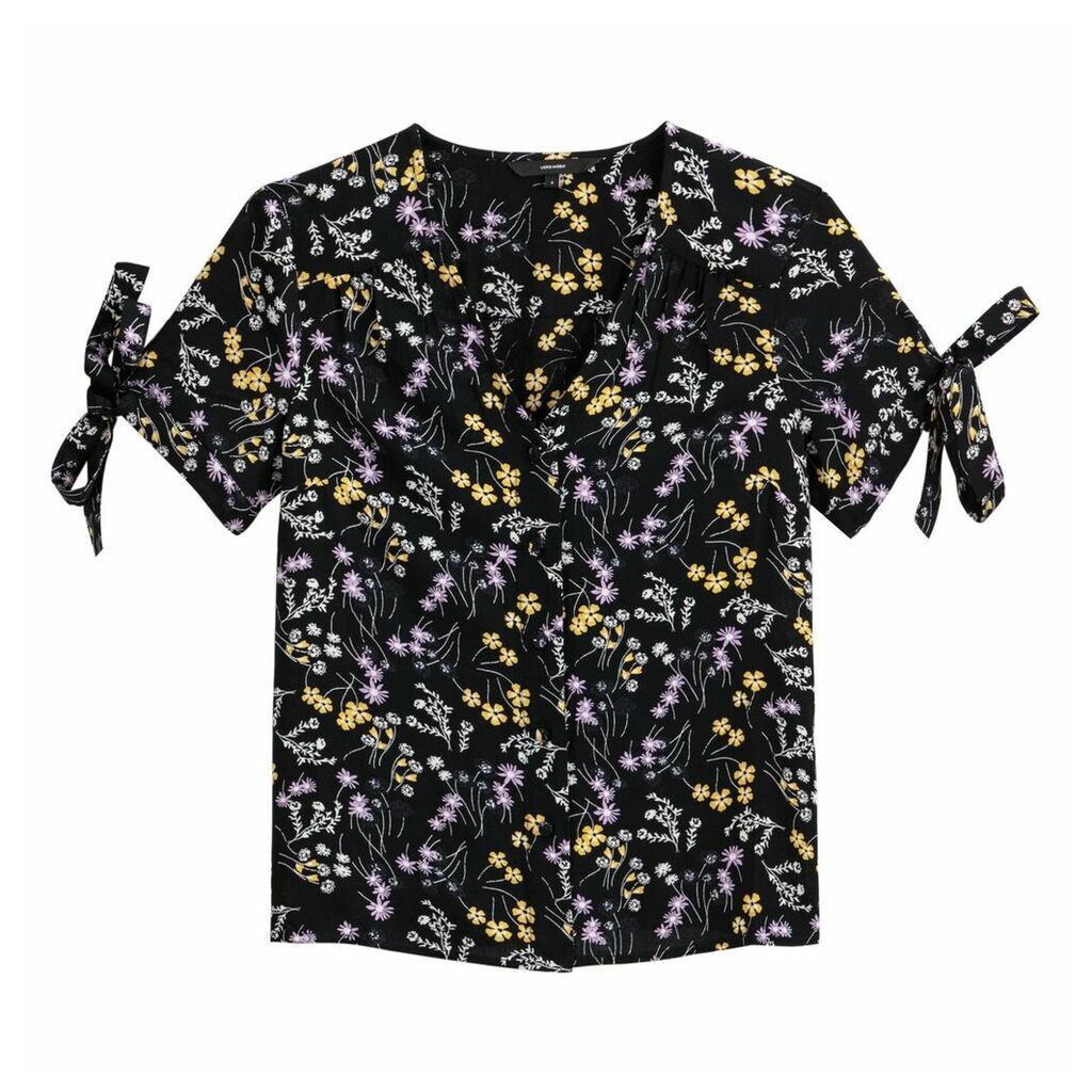 Lotus Floral Print Blouse with V-Neck and Short Tied-Sleeves