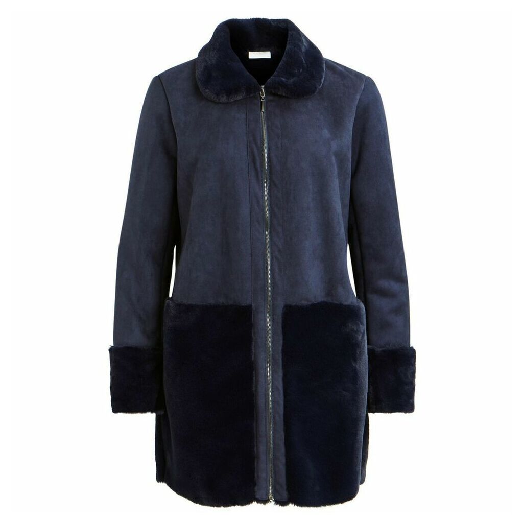 Straight Cut Coat with Patch Pockets and Faux Fur Collar