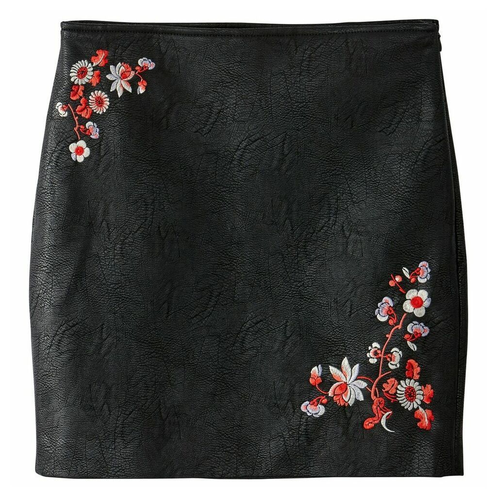 Embroidered Faux Leather Skirt
