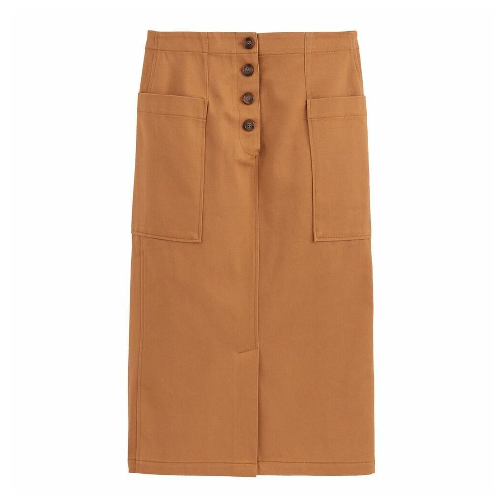Cotton Midi Straight Skirt with Pockets