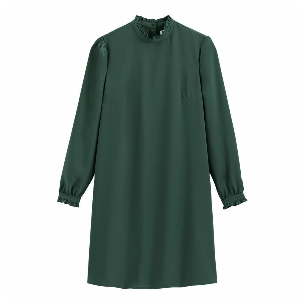 High Ruffled-Neck Shift Dress with Long Sleeves
