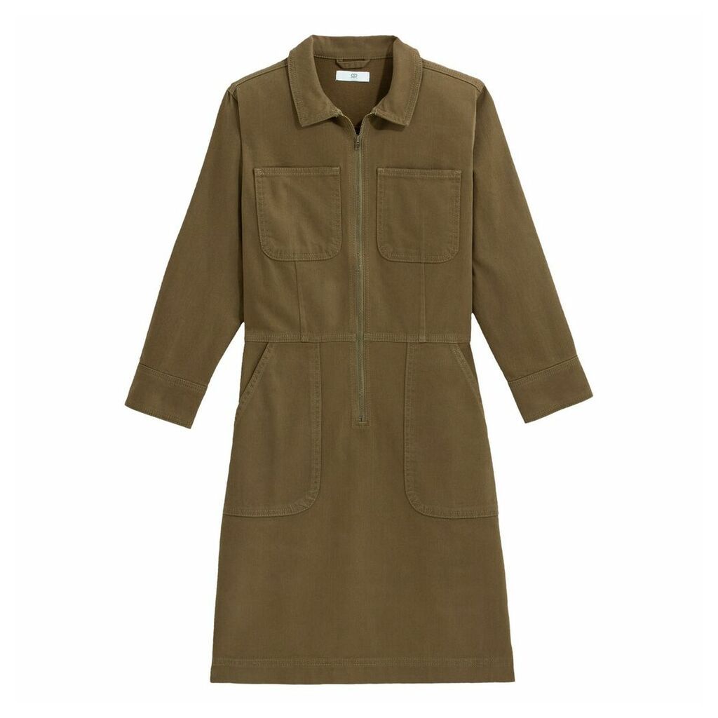 Cotton Utility Shirt Dress with Long Sleeves and Pockets