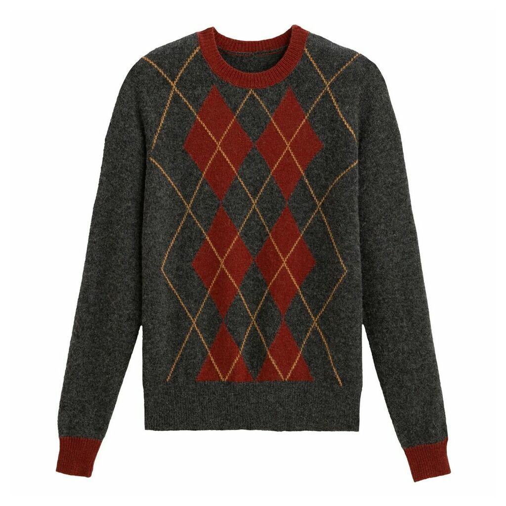 Diamond Jacquard Jumper in Wool Mix with Round Neck