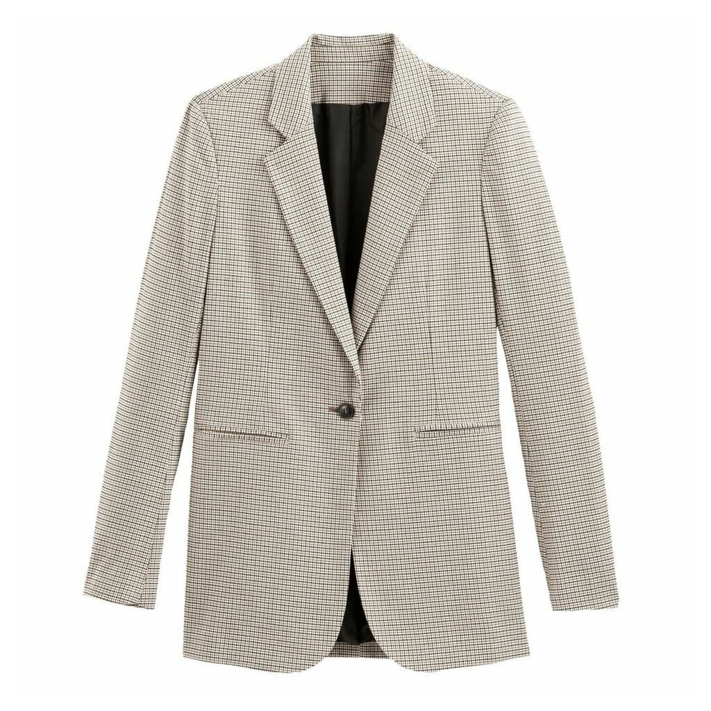 Longline Single-Breasted Blazer in Checked Print with Pockets
