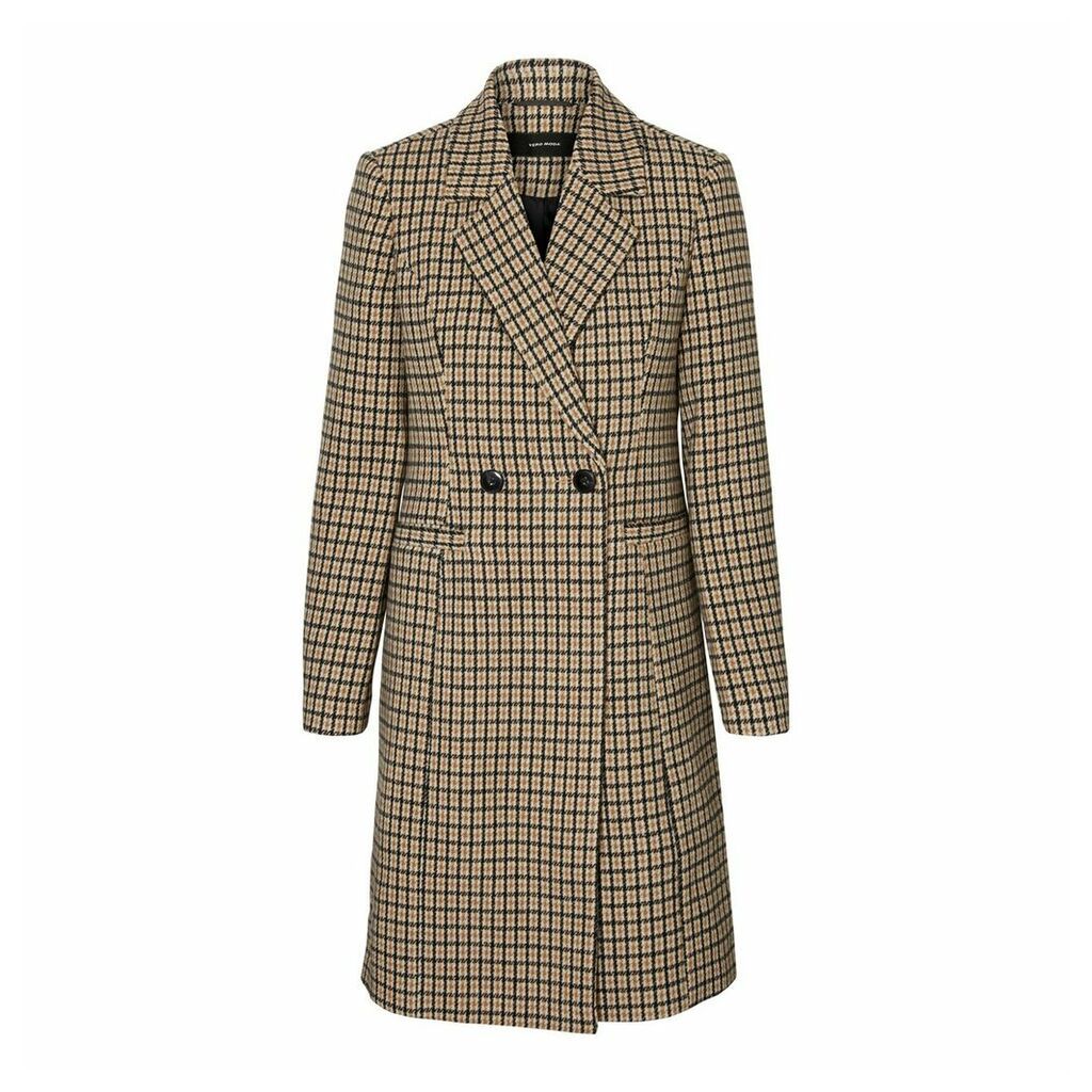 Long Checked Coat with Double-Breasted Button Fastening and Pockets