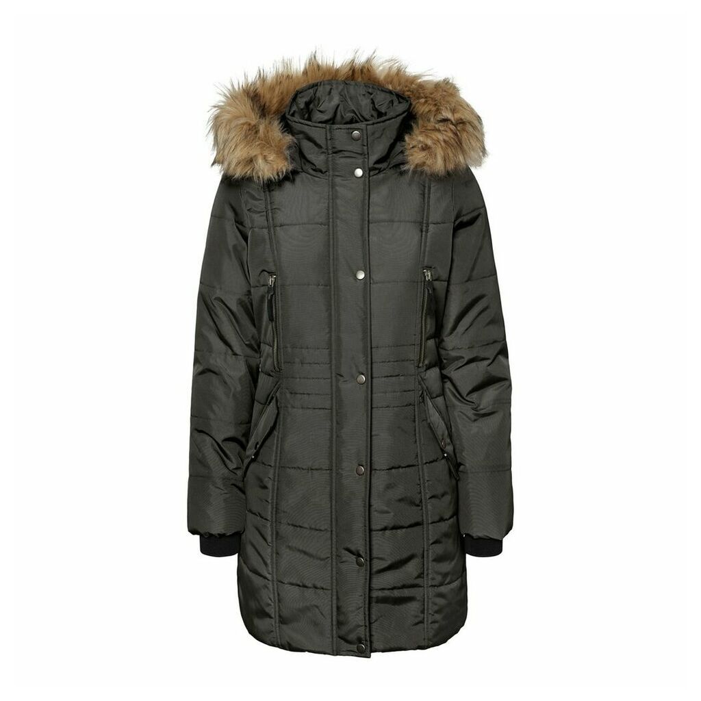 Mid-Length Parka with Faux Fur Hood and Pockets