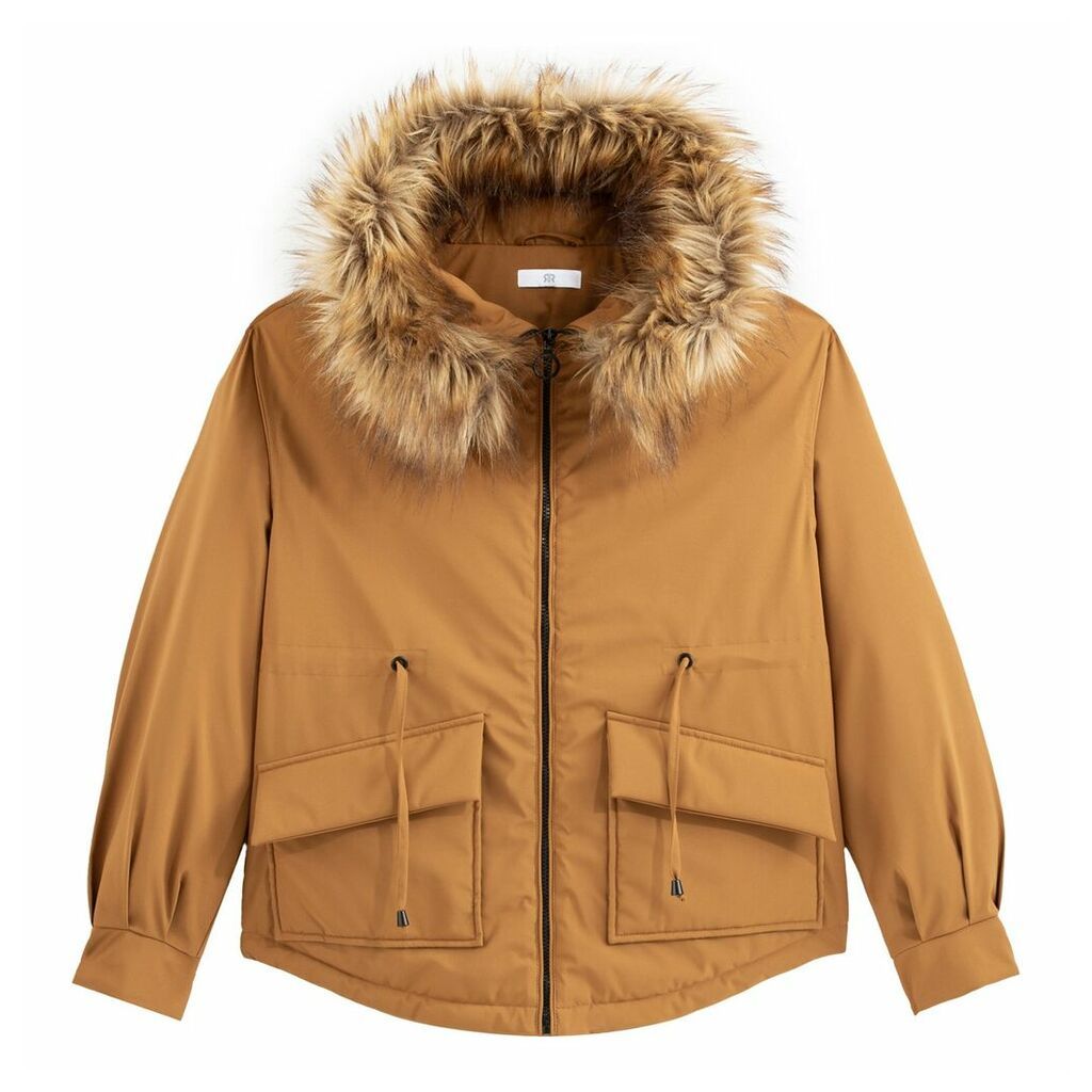 Short Zipped Lightly Padded Parka with Faux Fur Hood and Pockets