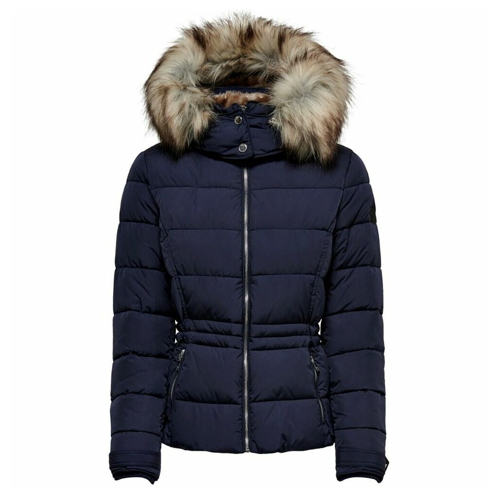 Short Padded Jacket with Faux Fur Hood and Pockets