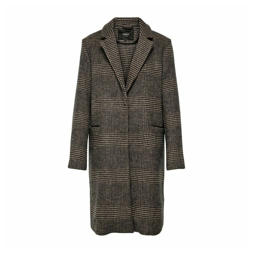 Prince of Wales Check Straight Coat with Single-Breasted Buttons and Pockets