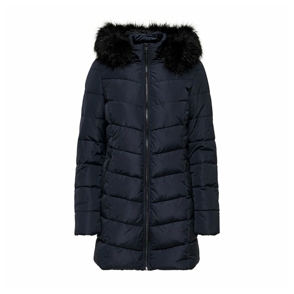 Long Padded Zipped Jacket with Faux Fur Hood