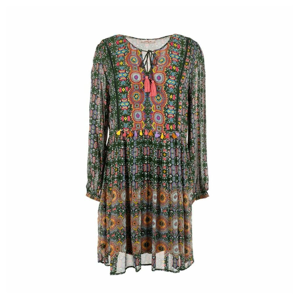 Botanique Peasant Short Flared Dress in Graphic Print with Long Sleeves