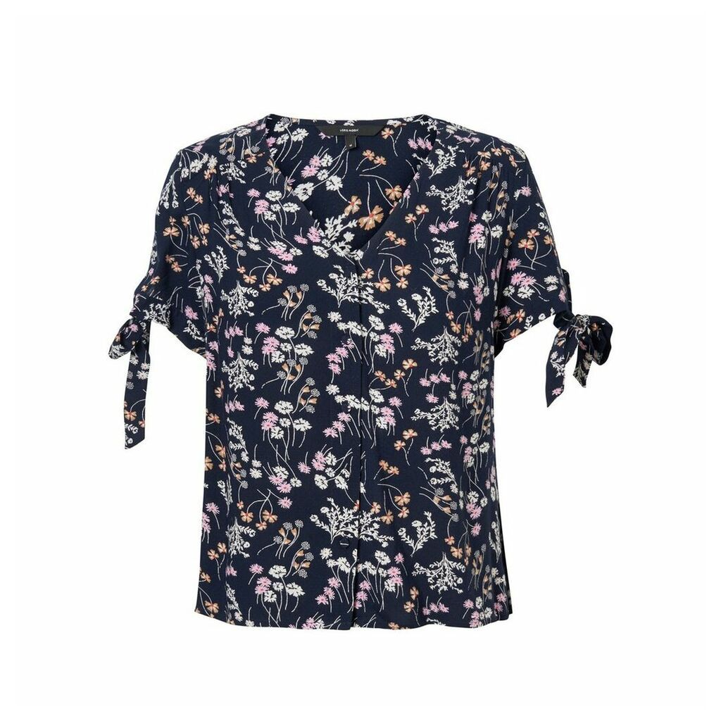 Lotus Floral Print Blouse with V-Neck and Short Tied-Sleeves