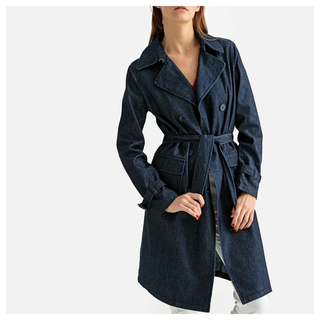 Long Denim Trench Coat with Double-Breasted Fastening and Pockets