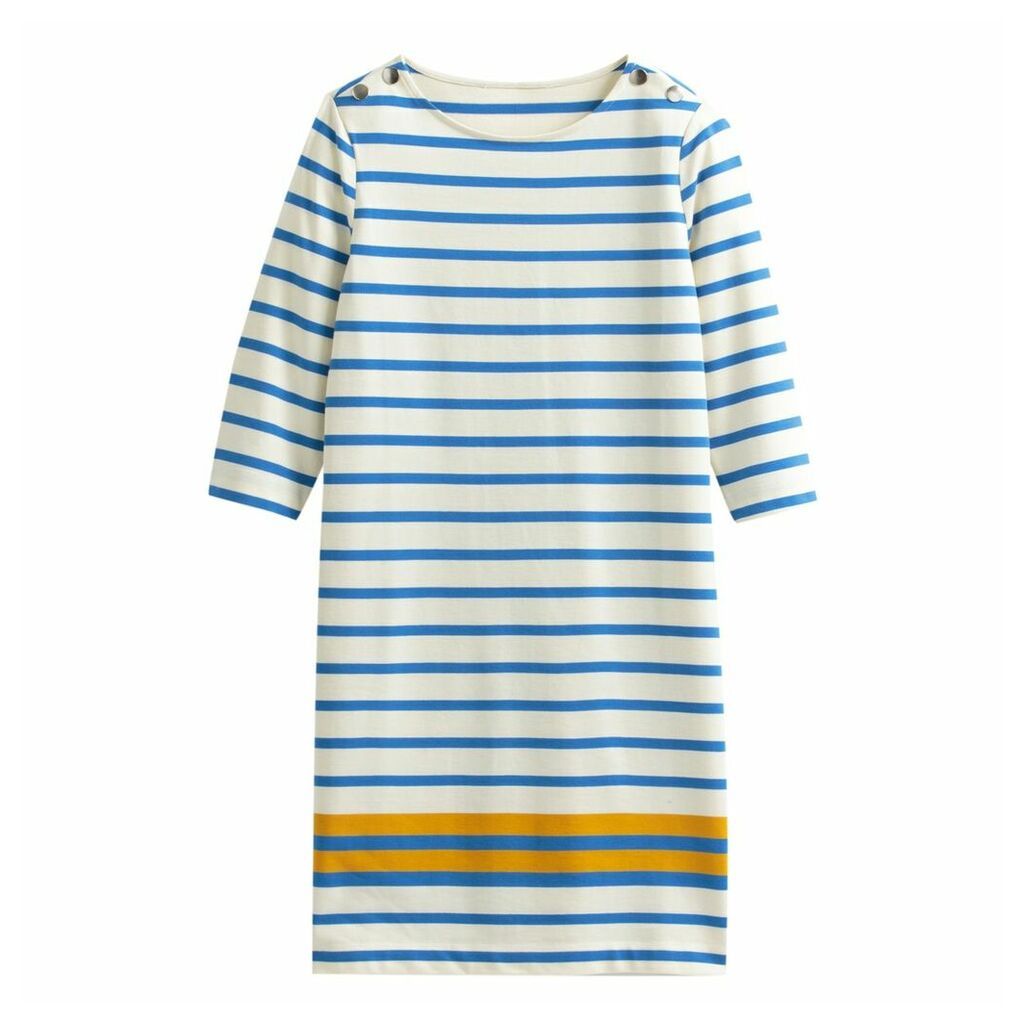 Cotton Striped Round Neck Long-Sleeved Shift Dress