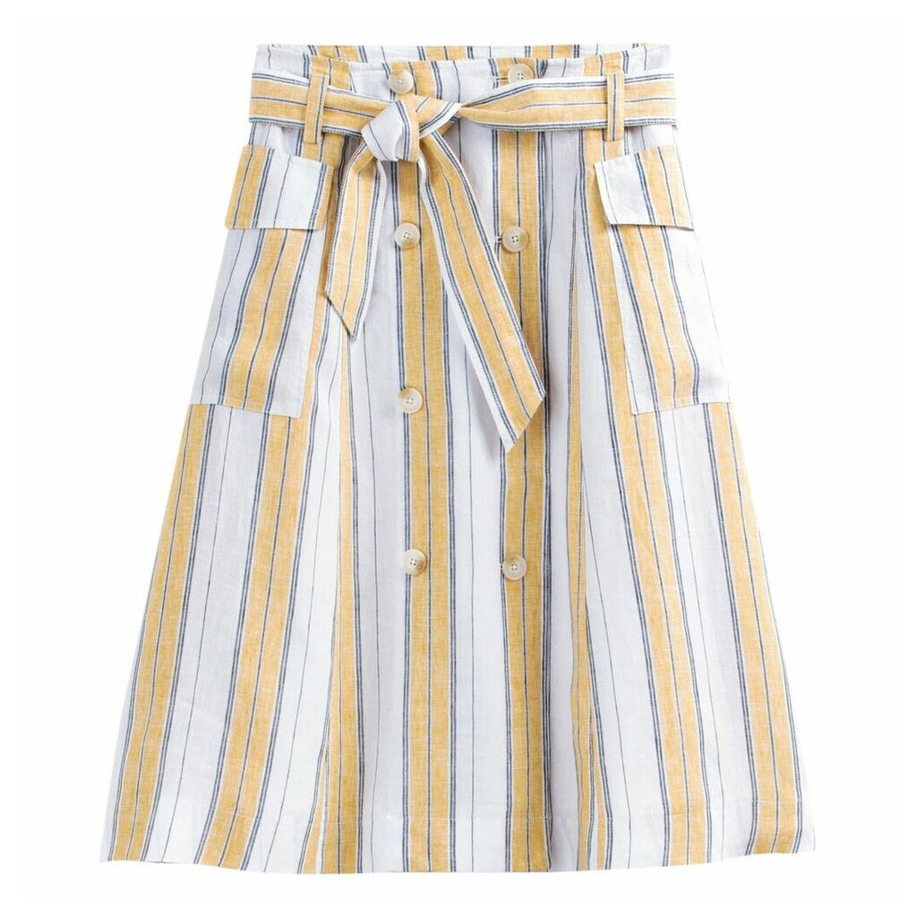 Linen Striped Tie-Waist Buttoned Skirt