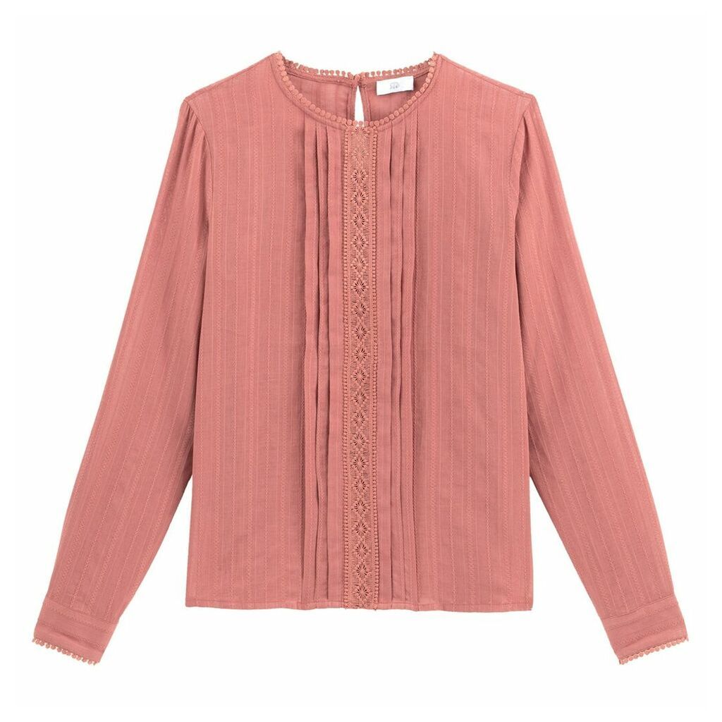 Cotton Pleated Macrame Blouse with Long Sleeves and Crew Neck