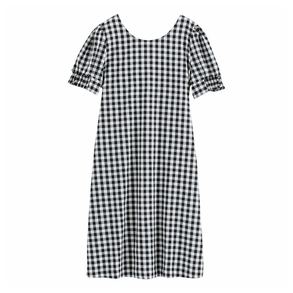 Cotton Gingham Print Puff-Sleeve Dress with Tie-Back