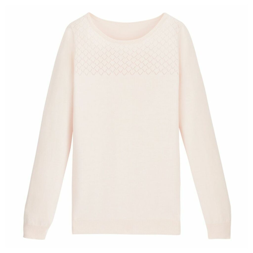 Cotton Mix Openwork Jumper with Boat Neck
