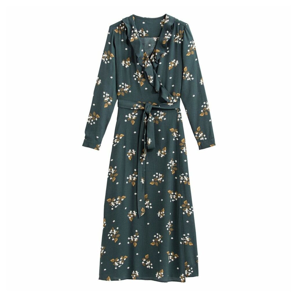 Floral Print Wrapover Dress with Long Sleeves and Ruffles