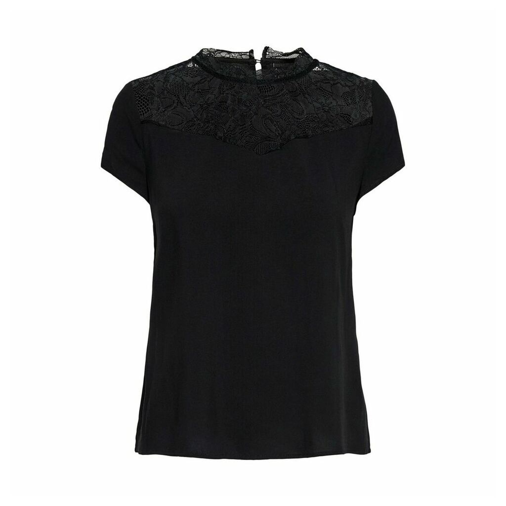 Laced High Neck Blouse with Short Sleeves