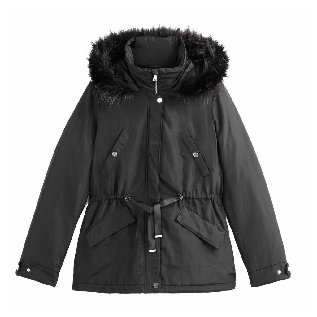 Short Showerproof Winter Parka with Faux Fur Hood and Pockets
