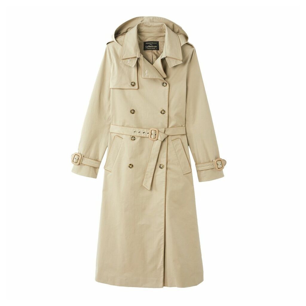 Long Cotton Trench Coat with Detachable Hood and Pockets