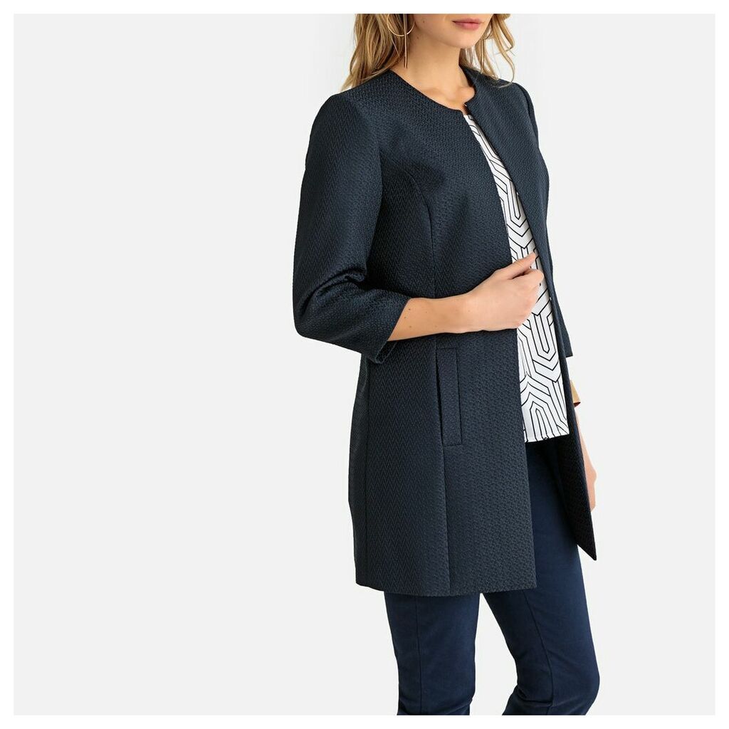 Straight Collarless Jacquard Jacket with Pockets