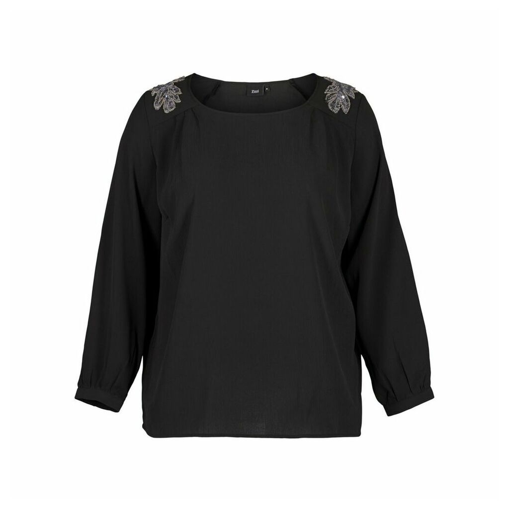 Round Neck Blouse with Shoulder Details and 3/4 Length Sleeves